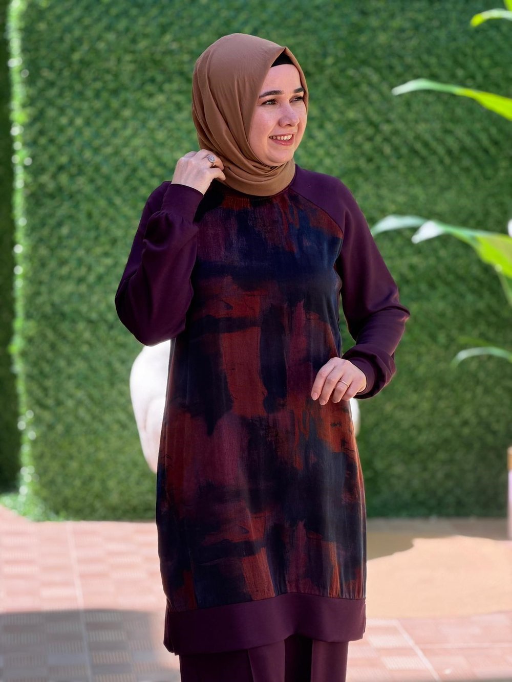Bordo Kupra Desenli Pantolonlu Takım