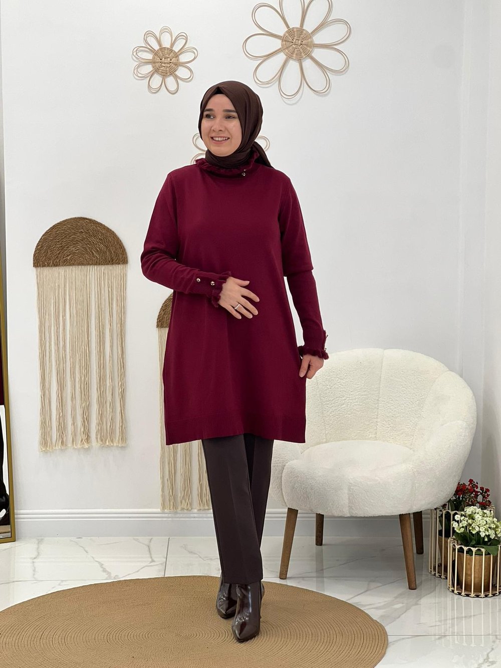 Bordo Triko Tüylü Tunik
