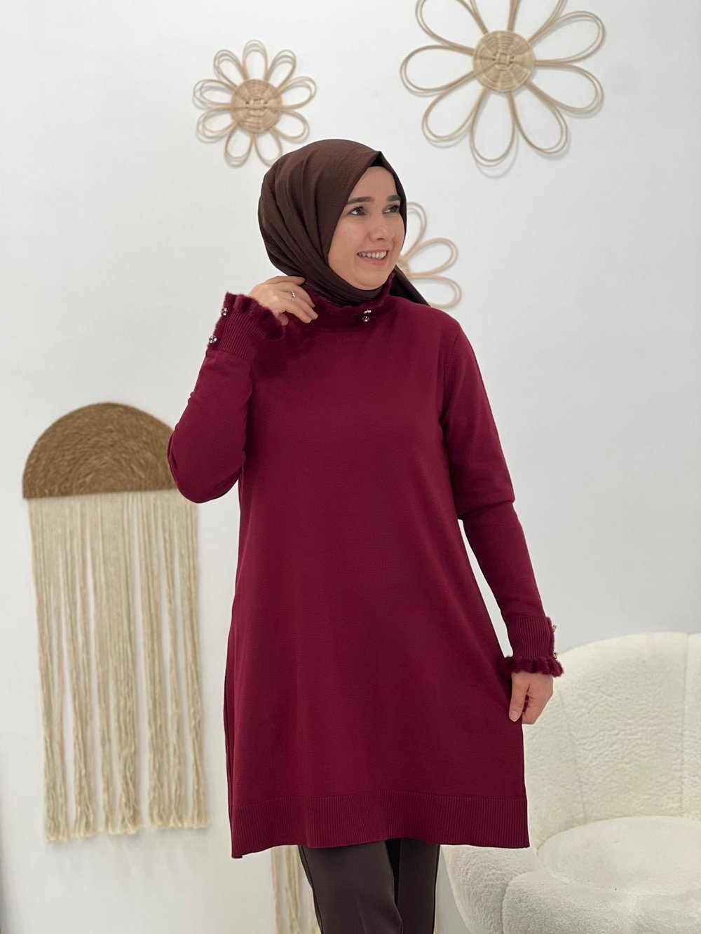Bordo Triko Tüylü Tunik
