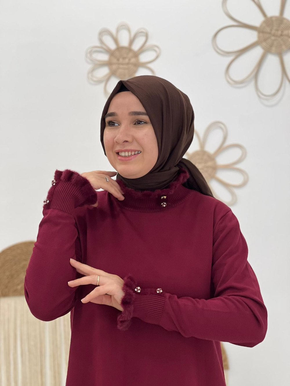 Bordo Triko Tüylü Tunik