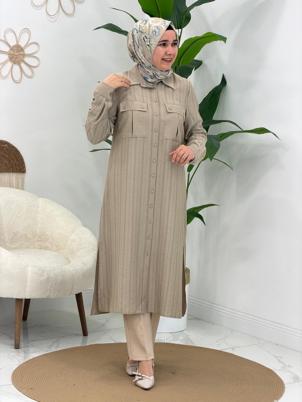Camel Çizgi detaylı Uzun Boy Tunik