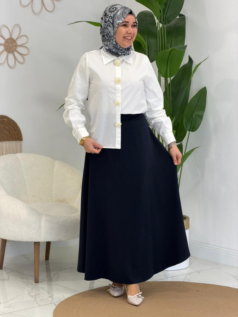 Ekru İnci Düğmeli Gömlek