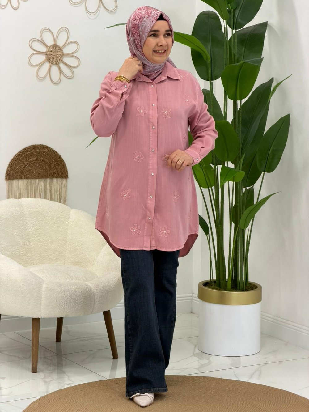 Pembe Papatya Desenli Tunik