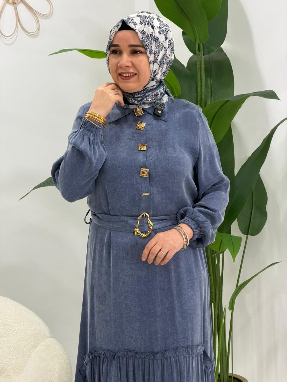 İndigo Mimoza İpek Kupra Elbise