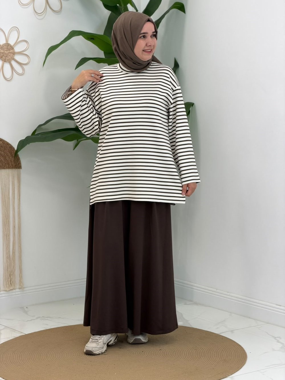 Kahve Çizgili Spor Sweatshirt