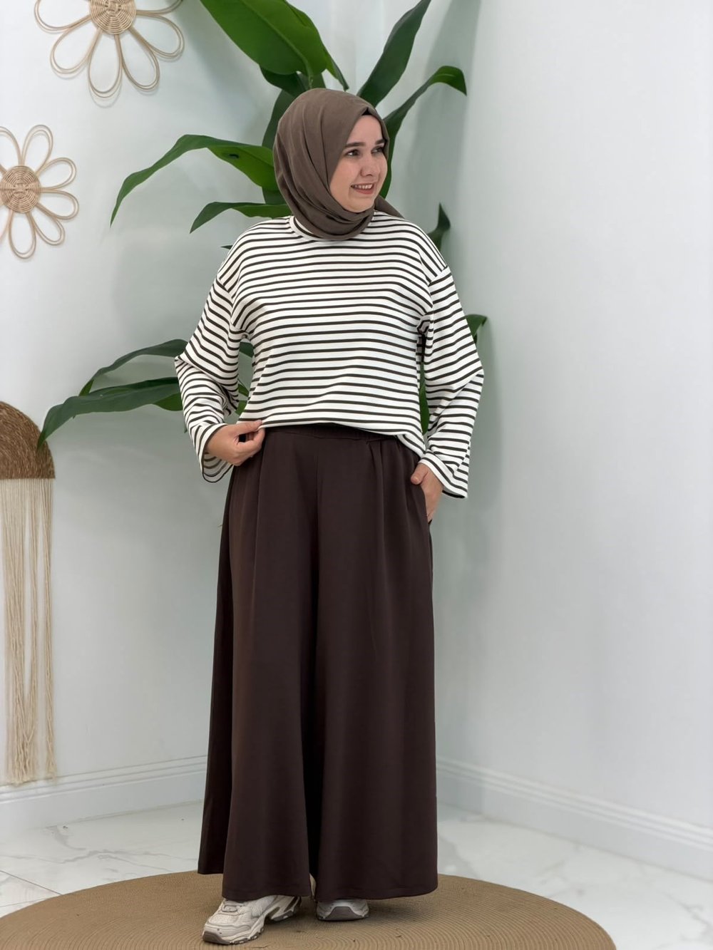 Kahve Çizgili Spor Sweatshirt