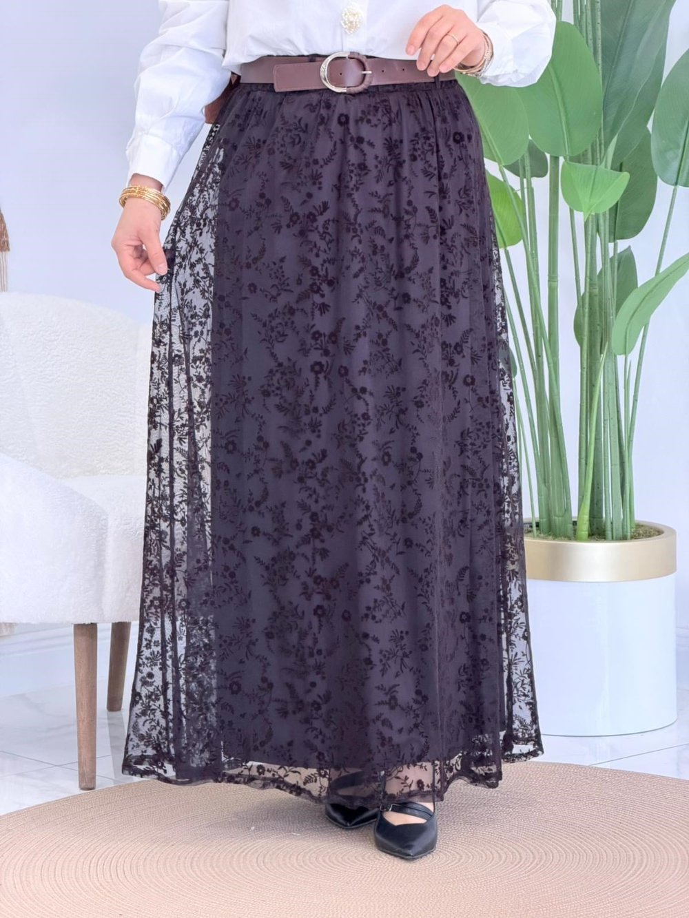 Kahve Dantel Tül Detaylı Etek