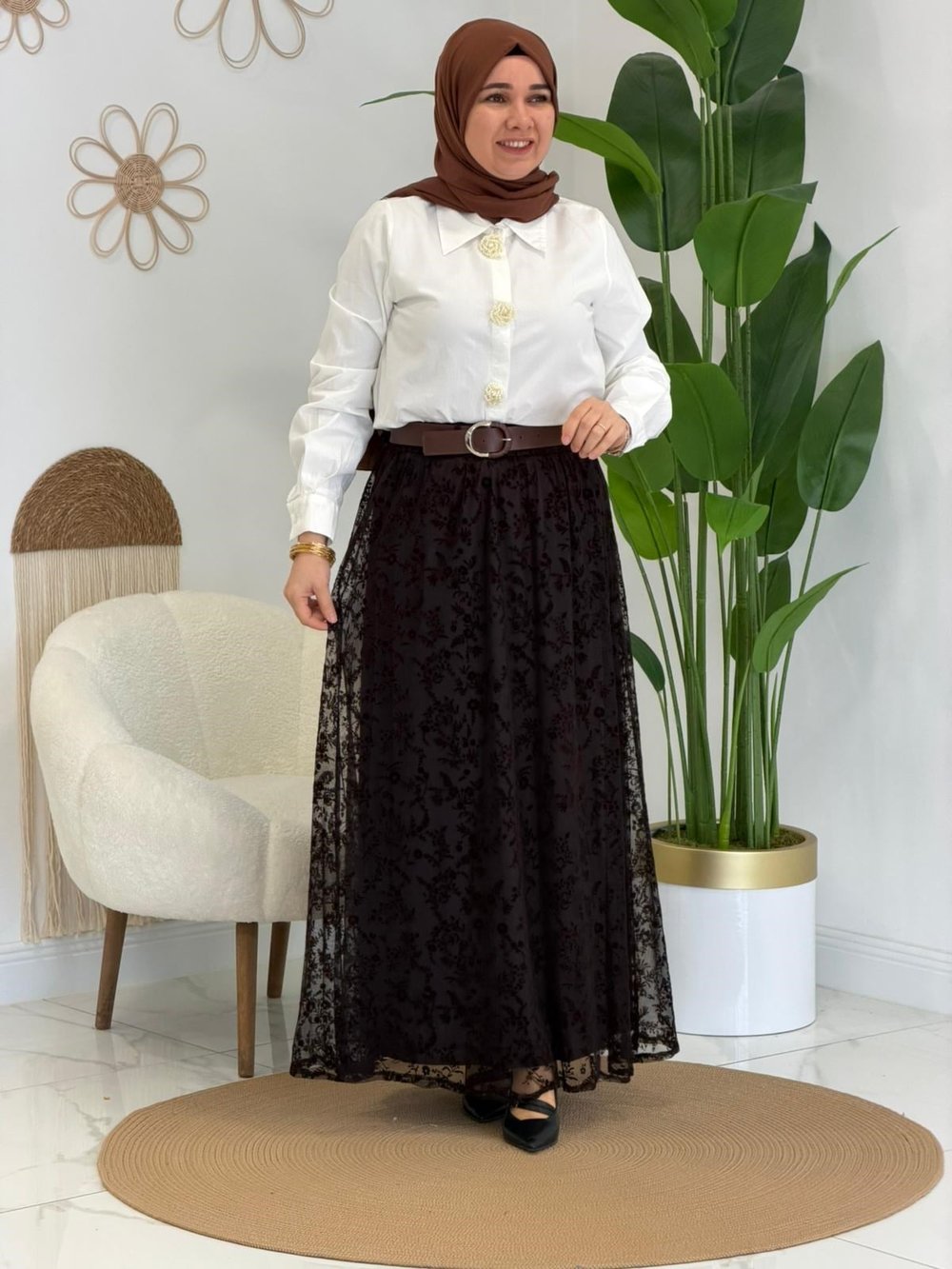 Kahve Dantel Tül Detaylı Etek