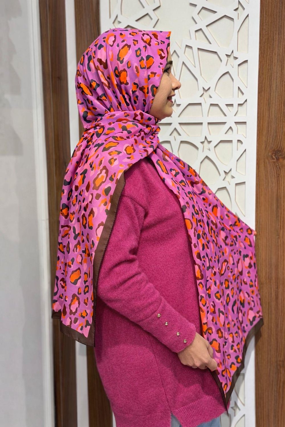 Kahve Leopar Desenli Şal