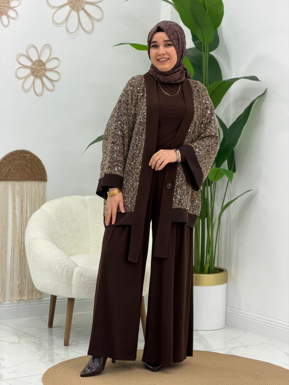 Kahve Pul Payet Üçlü Takım