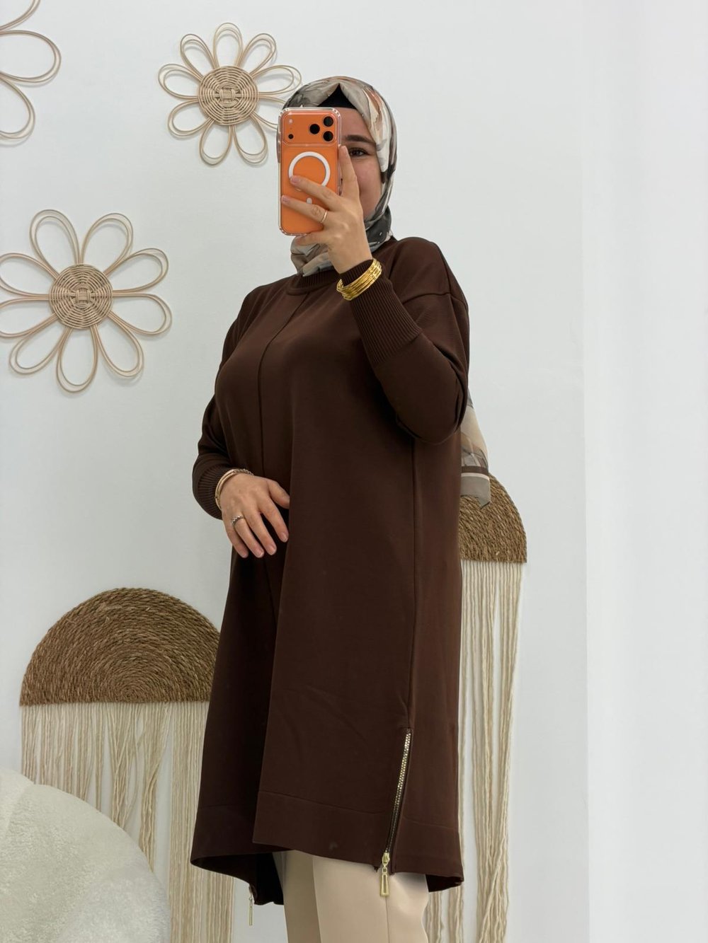 Kahverengi Altı Fermuarlı Triko Tunik