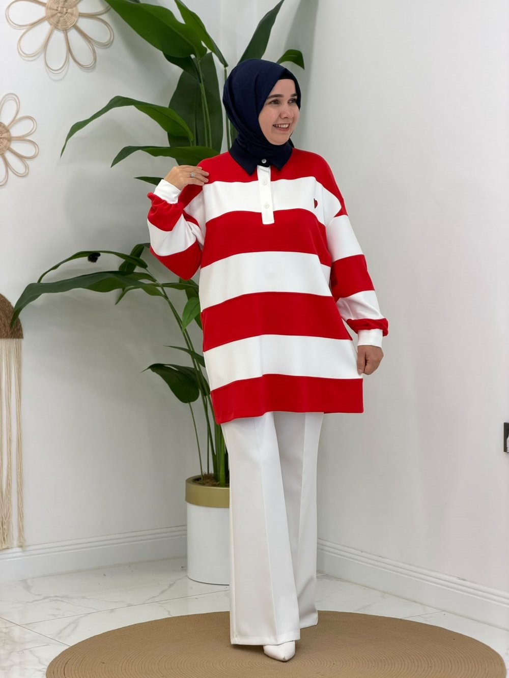 Kırmızı Polo Yaka Kalın Çizgili Sweatshirt