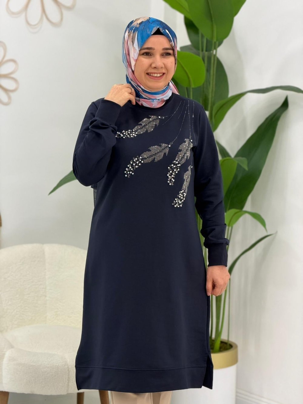 Lacivert Taşlı Tunik