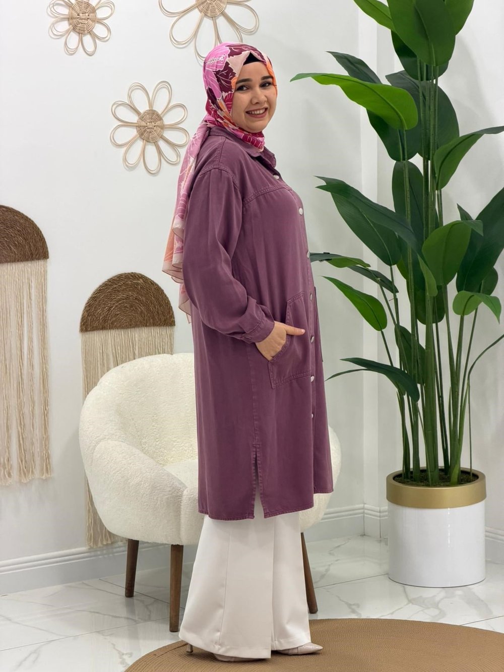 Lila Düğmeli Tunik