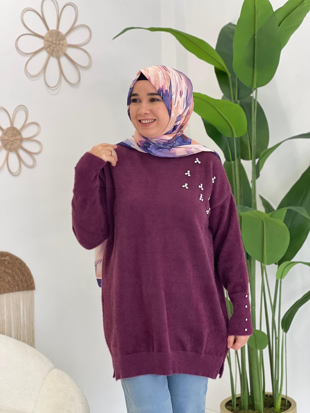 Mürdüm Angora Taşlı Kazak