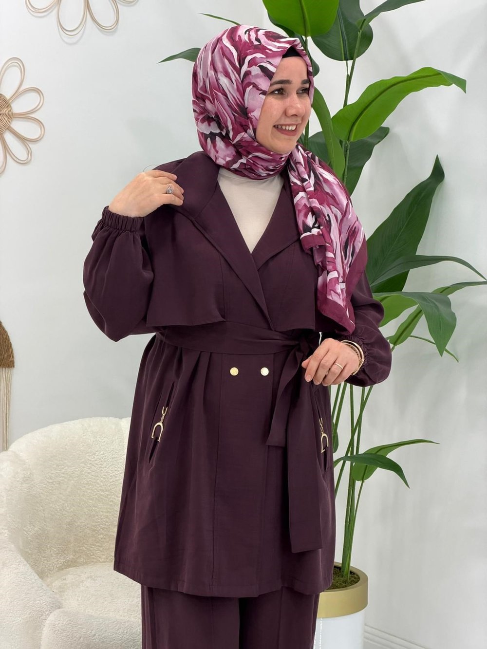Mürdüm Cep Detaylı Pantolonlu Takım