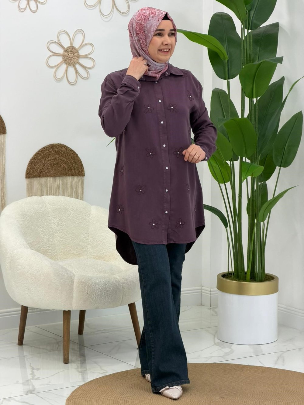 Mürdüm Papatya Desenli Tunik