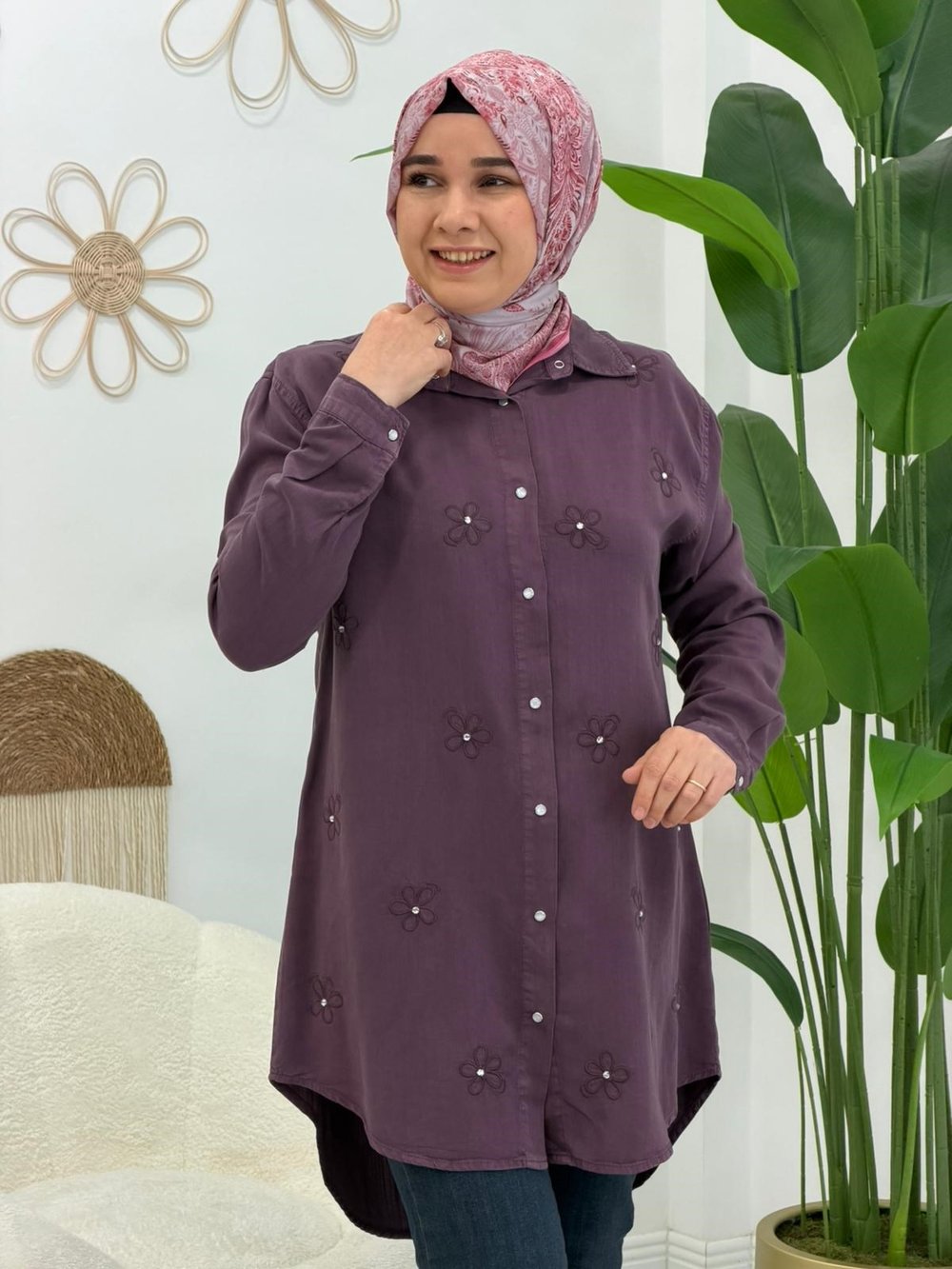 Mürdüm Papatya Desenli Tunik