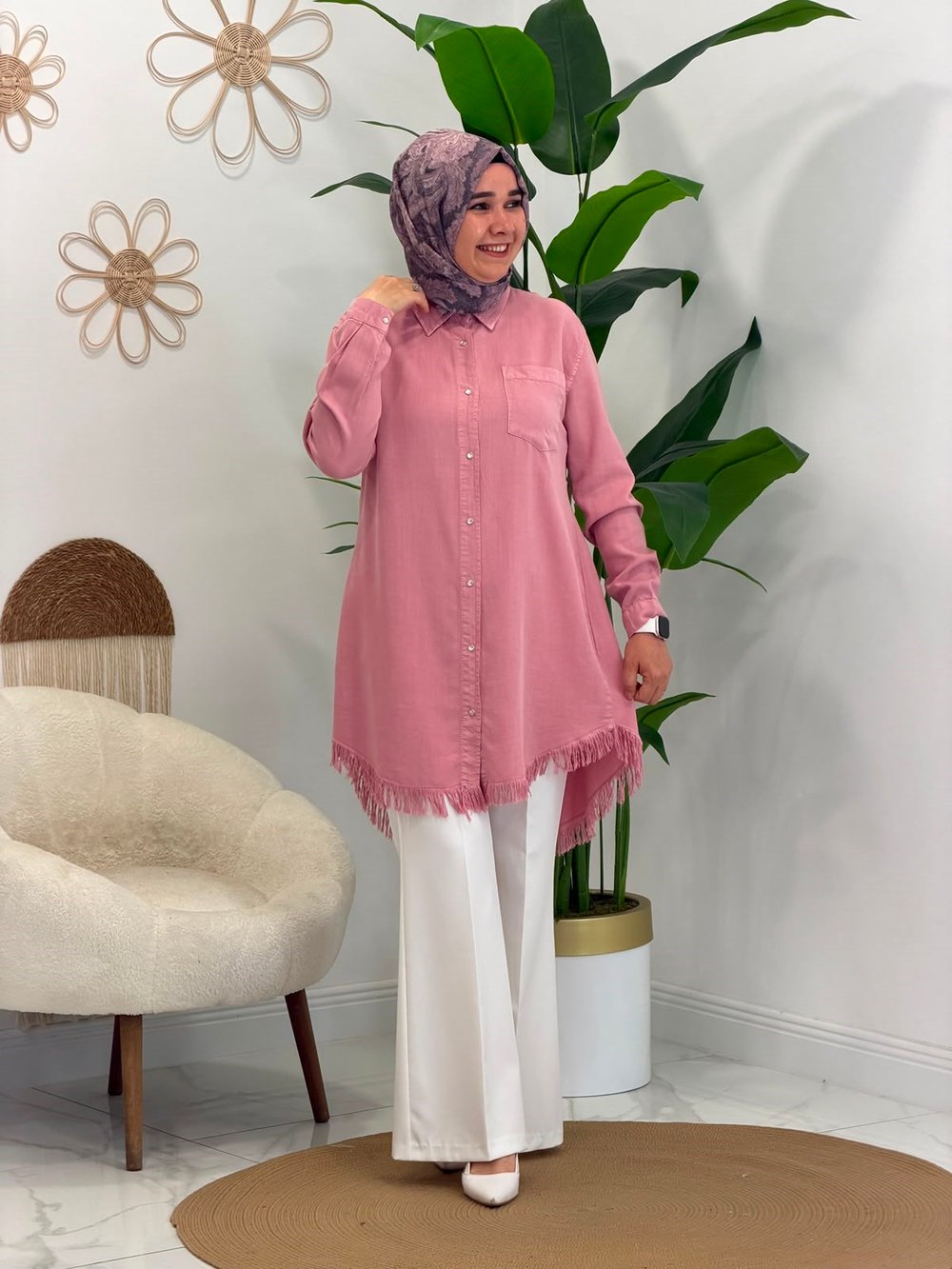 Pembe Büyük Beden Püskül Detaylı Tensel Tunik 