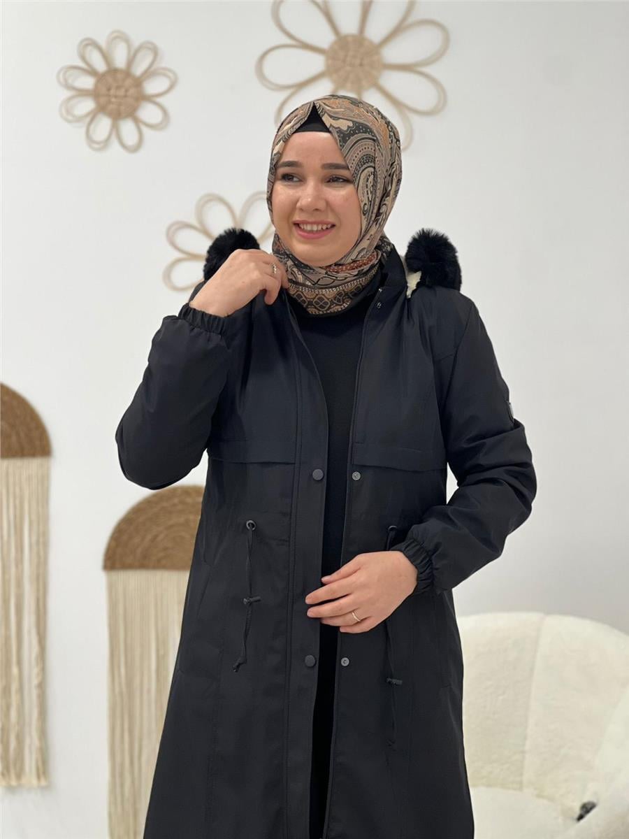 Siyah Bondit Kumaş Parka