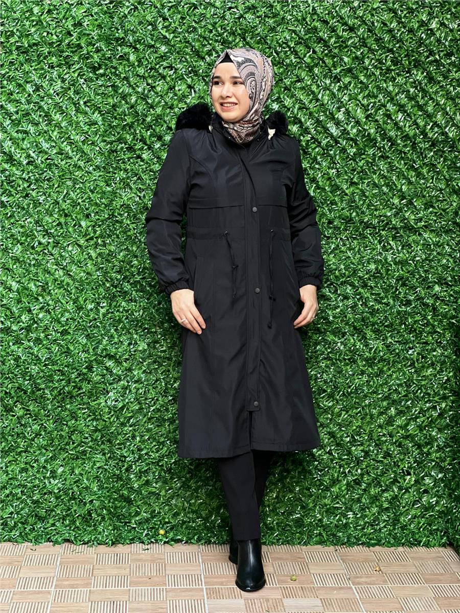 Siyah Bondit Kumaş Parka