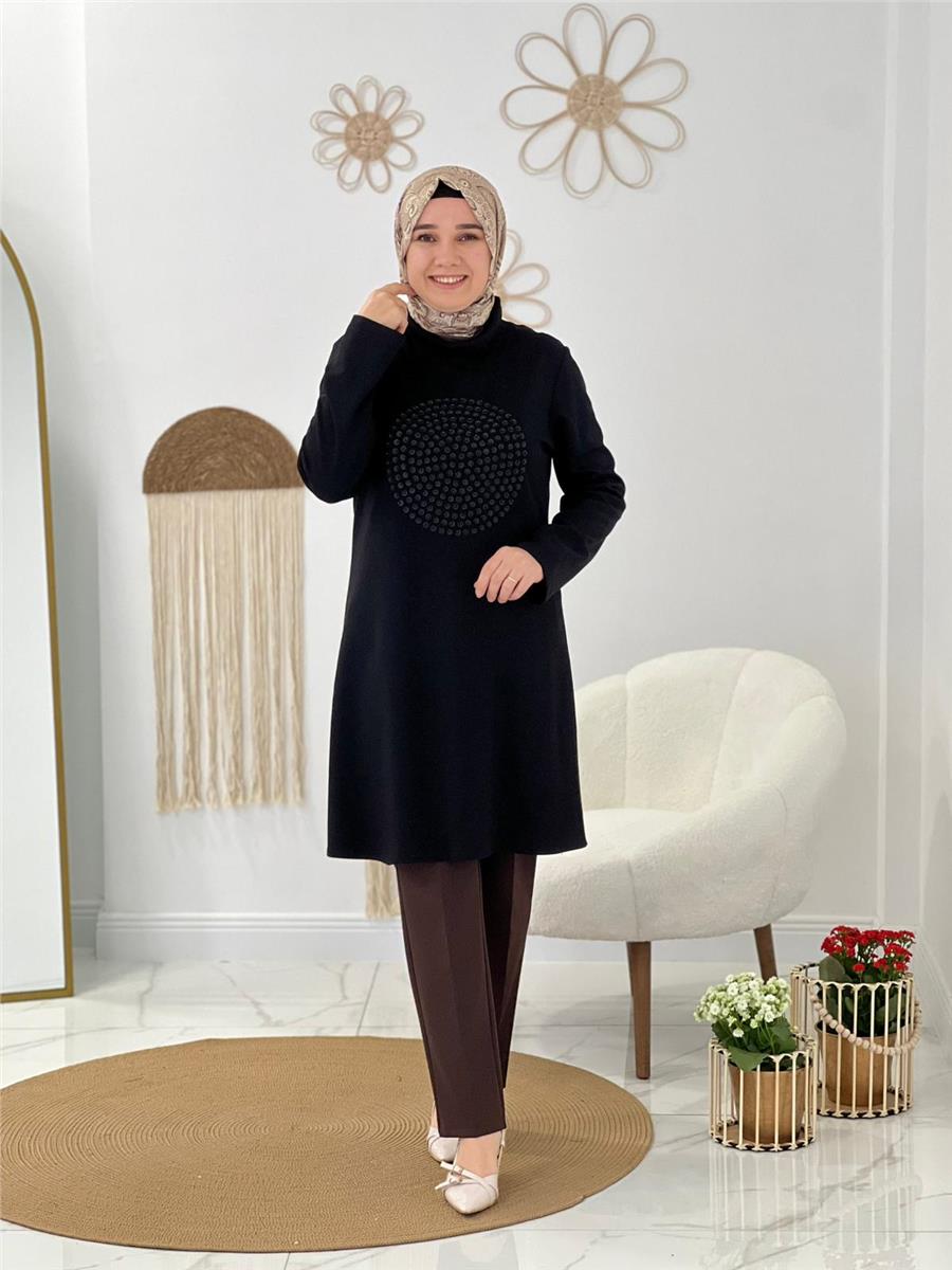 Siyah Deri Desen Tunik