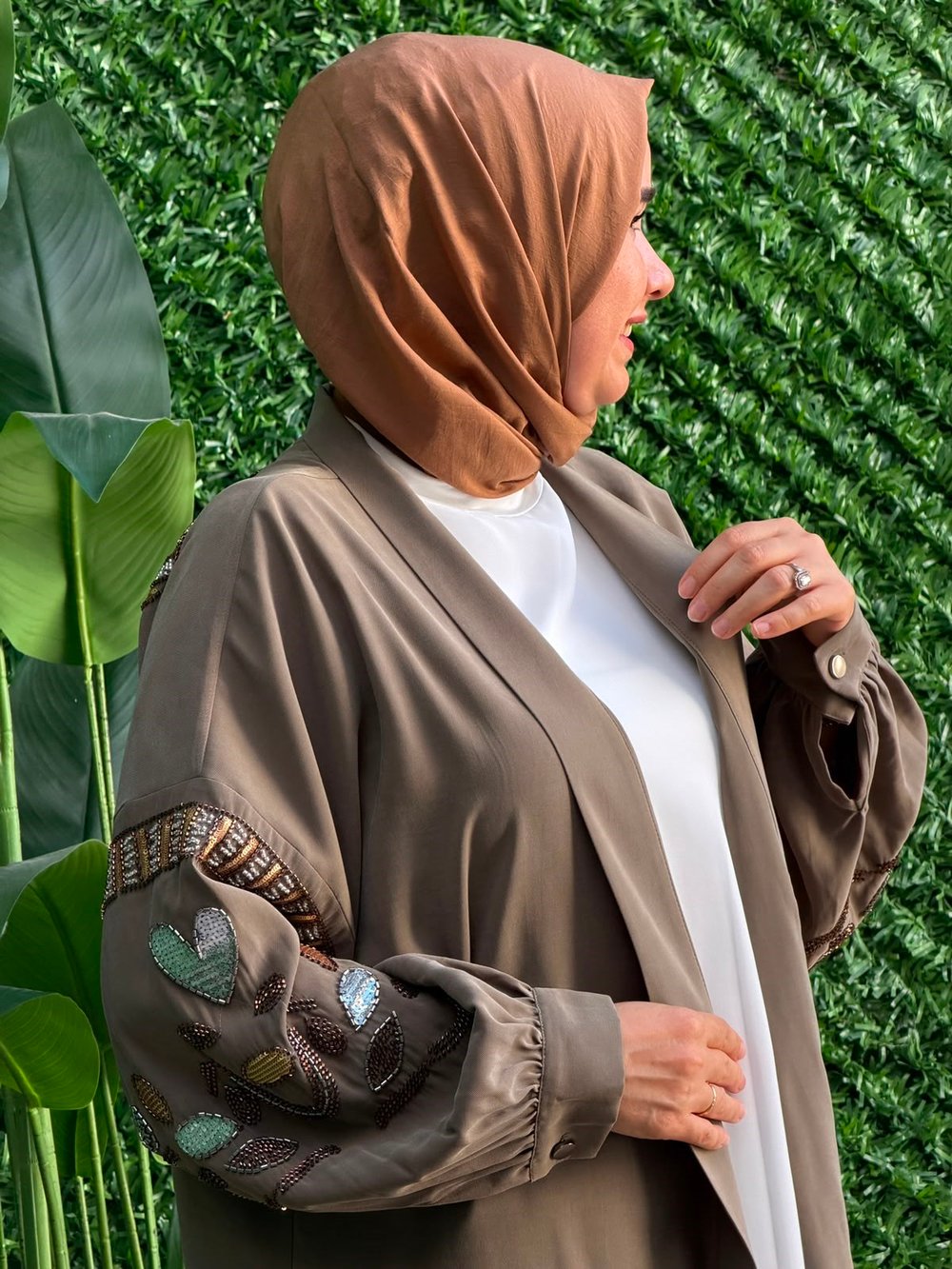 Yeşil Kolları Taş ve Payet İşlemeli Kimono