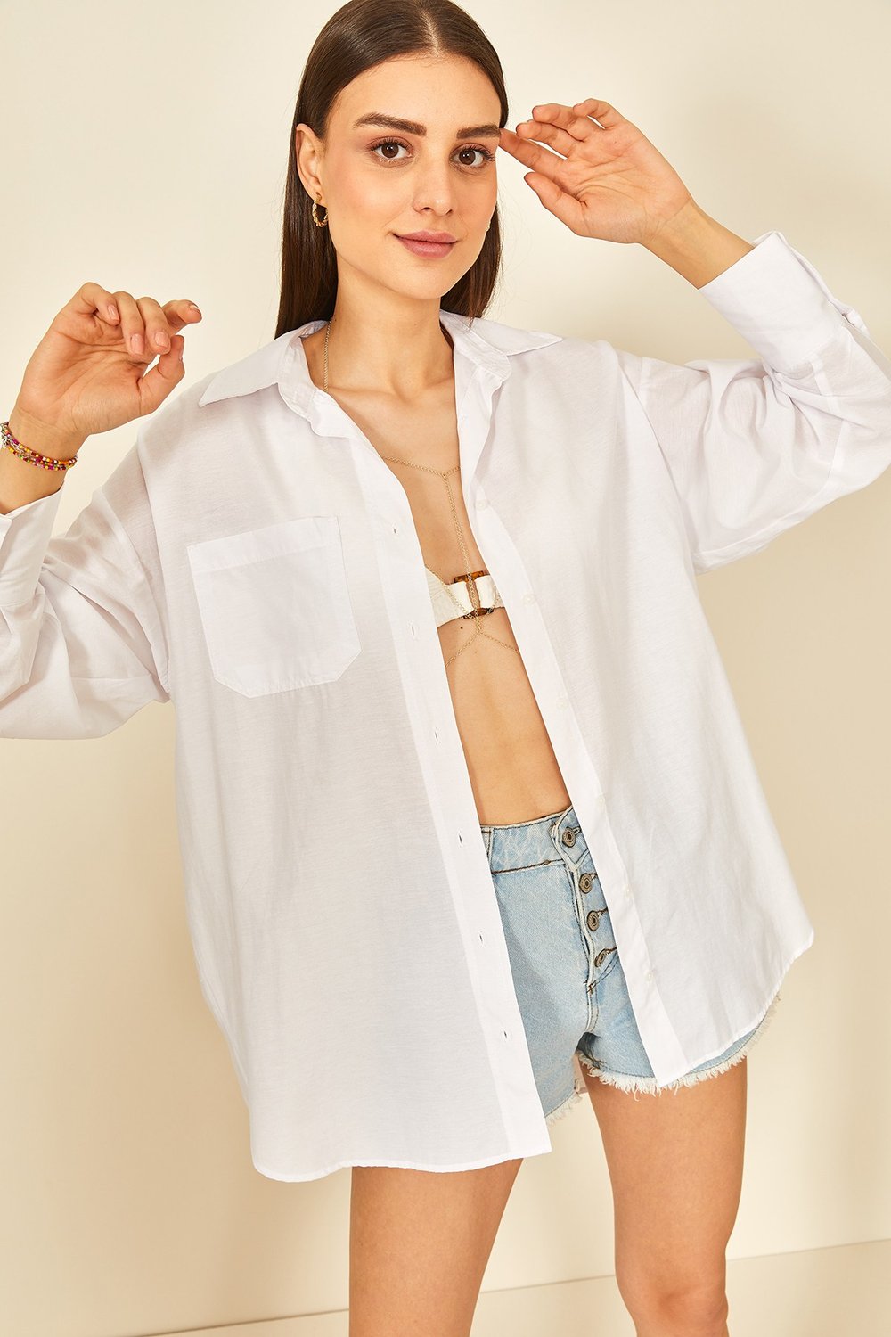 Beyaz Poplin Oversize Kadın Gömlek