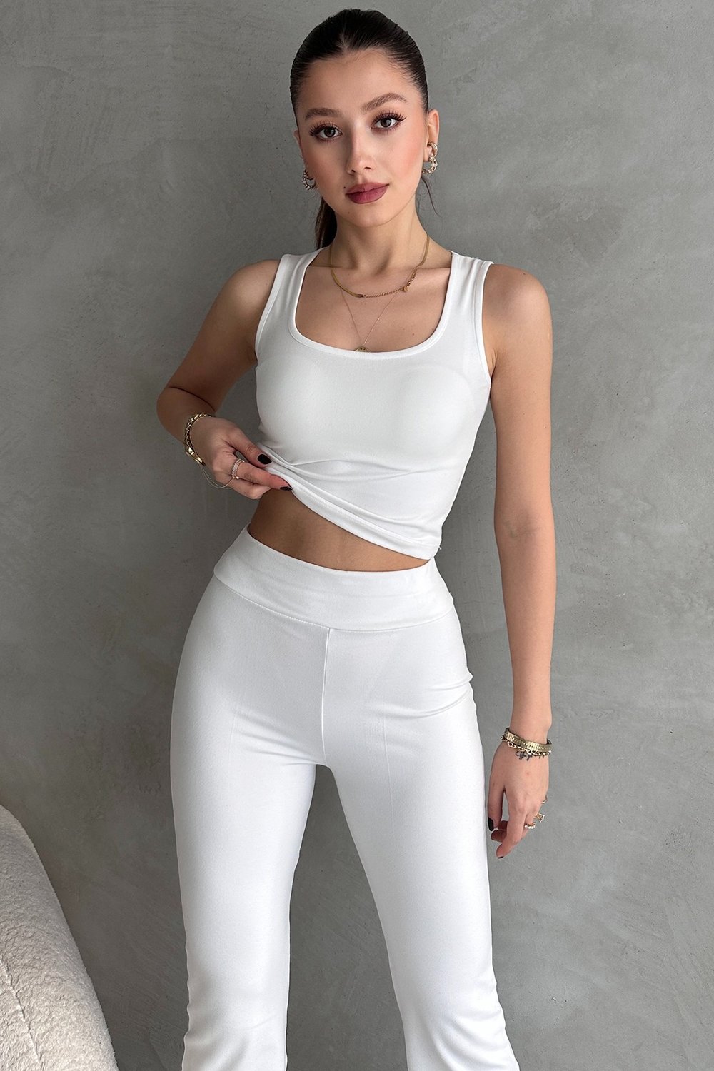 Ekru Dalgıç Kumaş Crop Pantolon İkili Takım