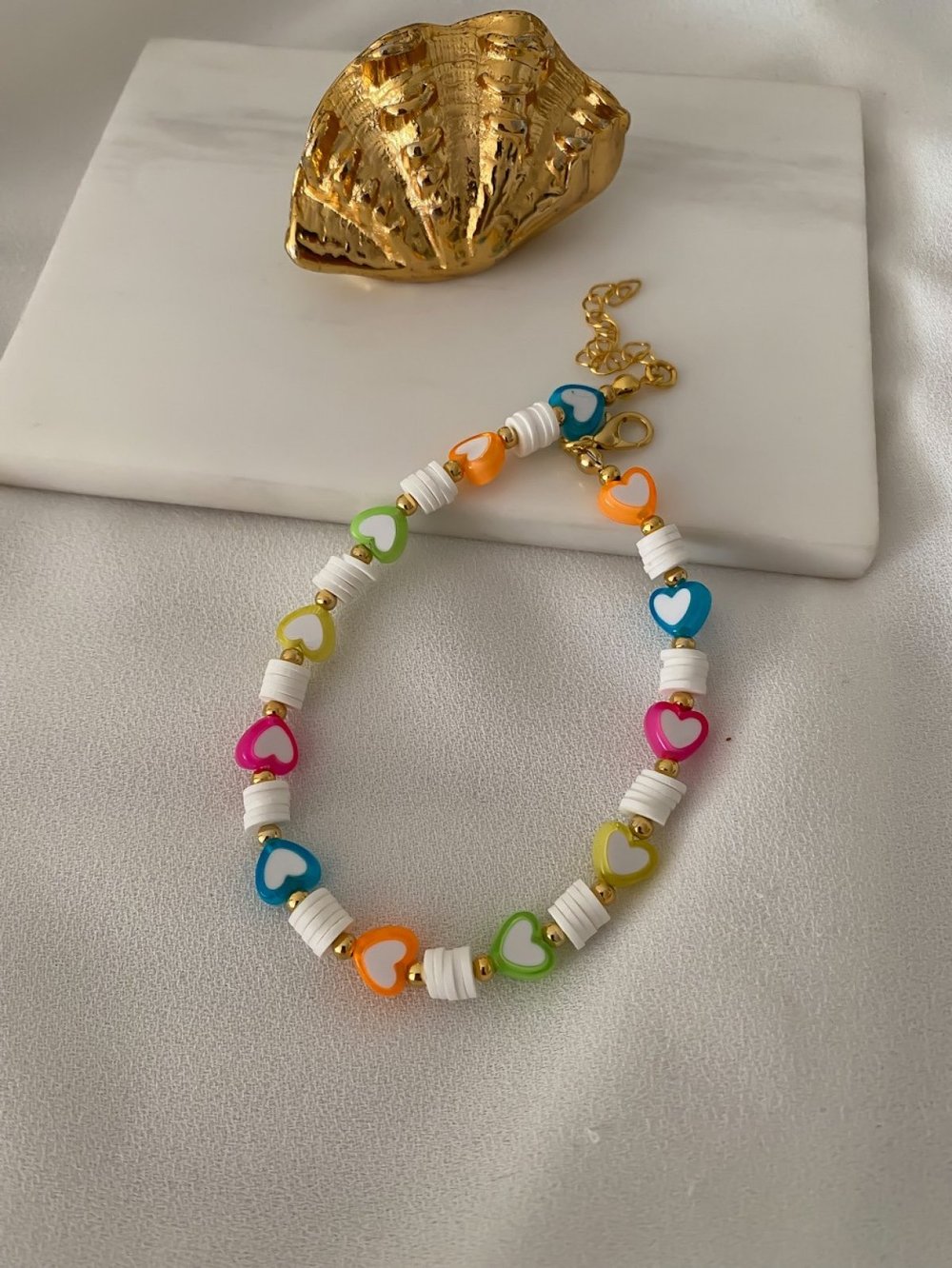 Beyaz Fimo Detay Renkli Kalp Halhal (28 cm)