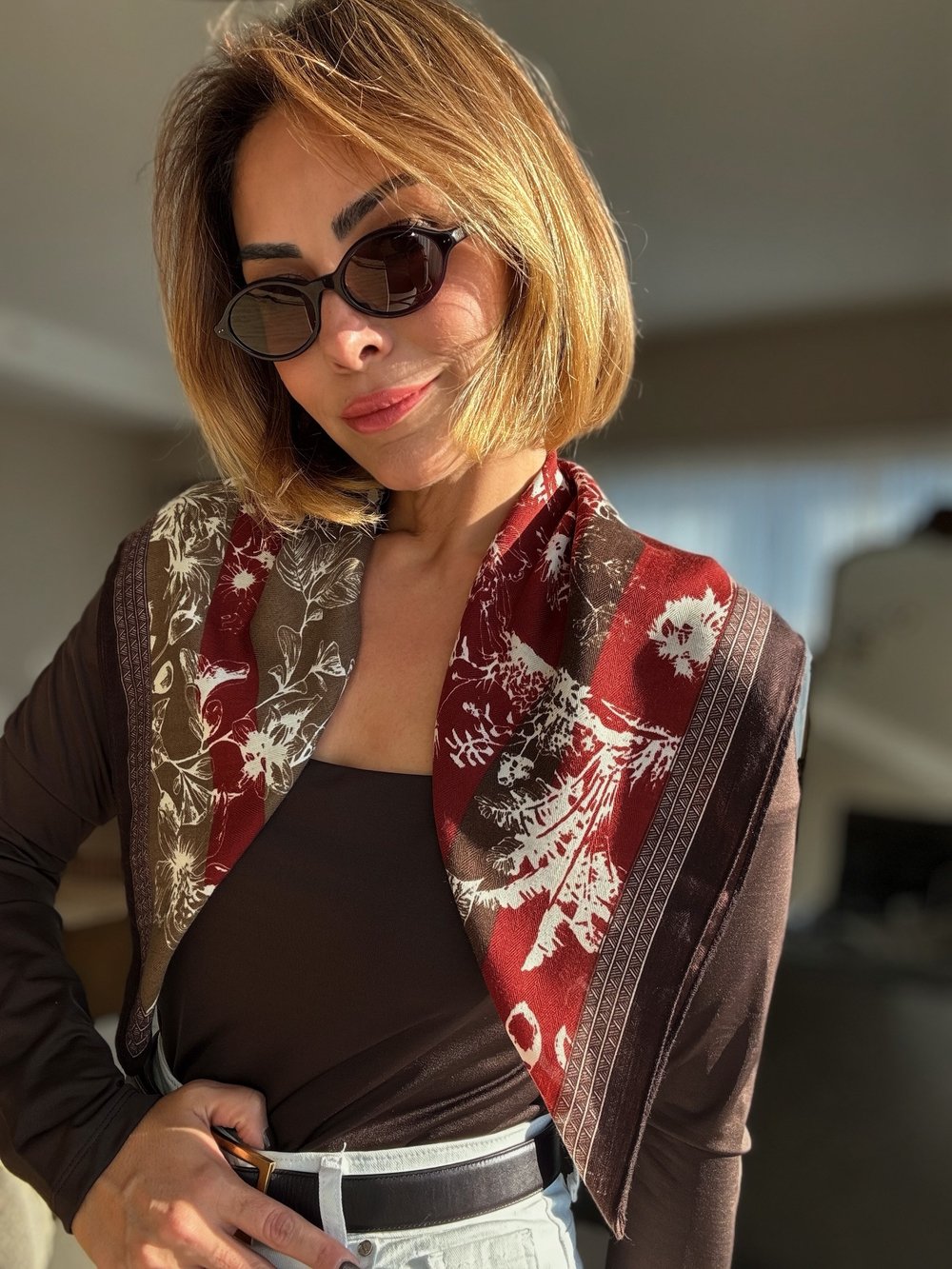 Bordo Çiçek Desenli Pamuklu Fular ( 70*70 )