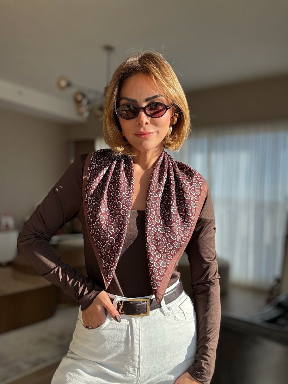 Bordo Şal Desenli Pamuklu Fular ( 70*70 )