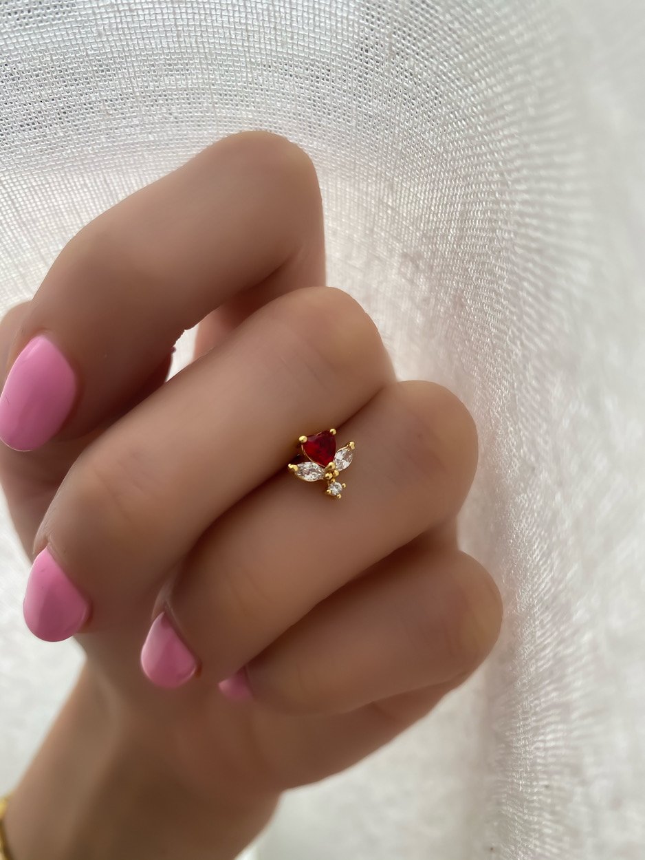 Çelik Gold Kırmızı Kalp Detay Kanat Piercing