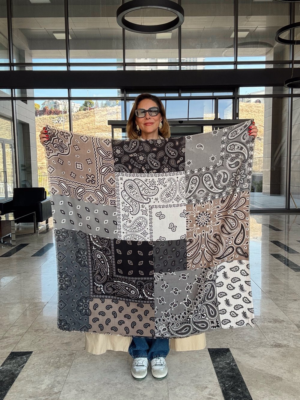 Çoklu Desen Patchwork Kare Pamuklu Şal