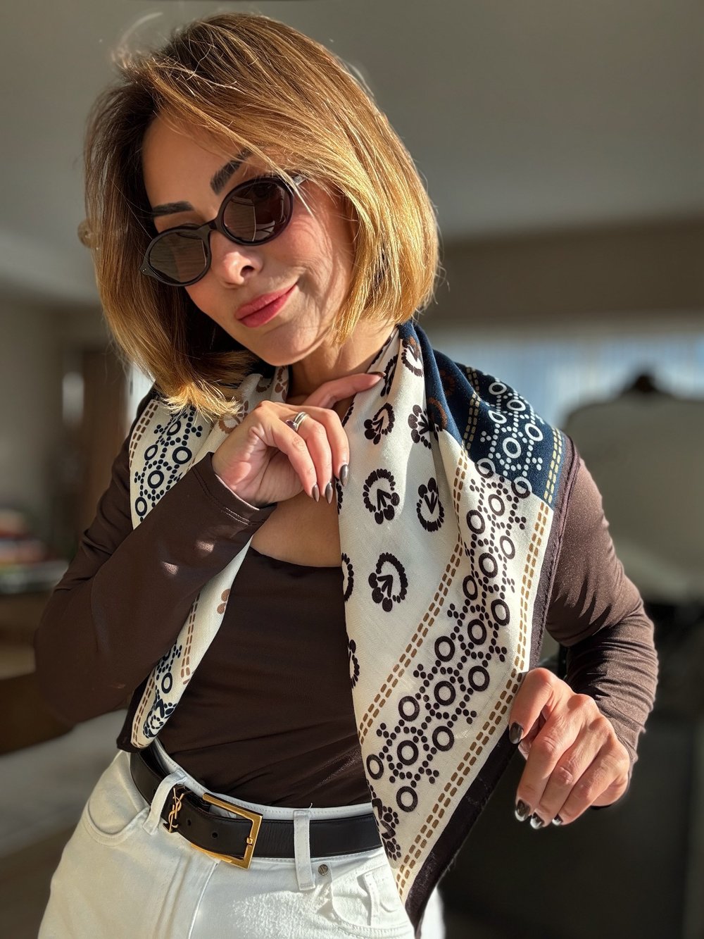 Etnik Çiçek Desenli Patchwork Pamuklu Fular ( 70*70 )