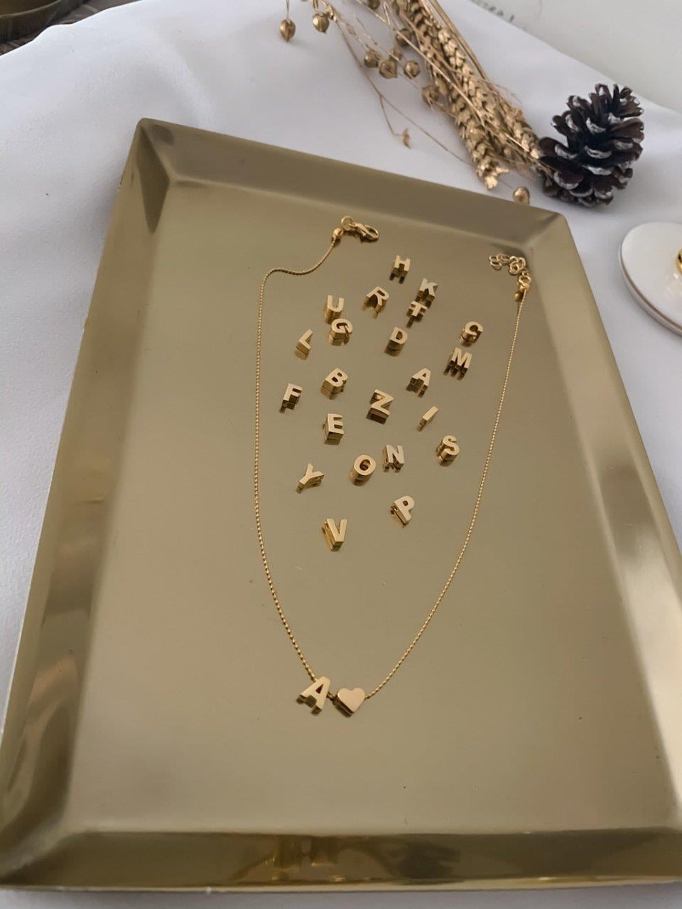 Gold Topçuk Zincir Harf ve Kalp Kolye ( 44 Cm )