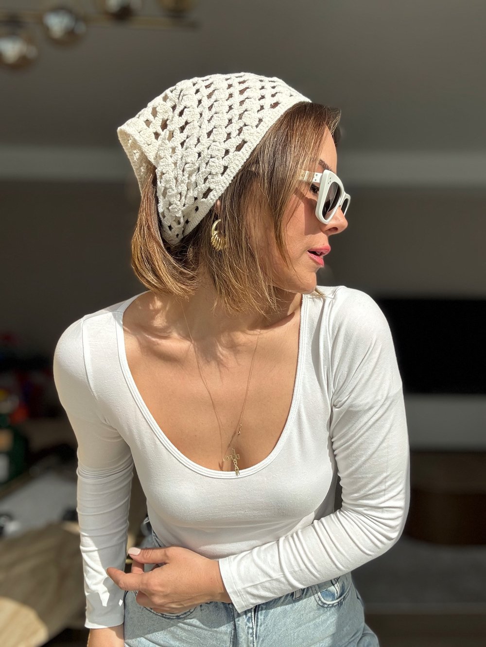 Örme İp Bağlamalı Ekru Çok Amaçlı Bandana