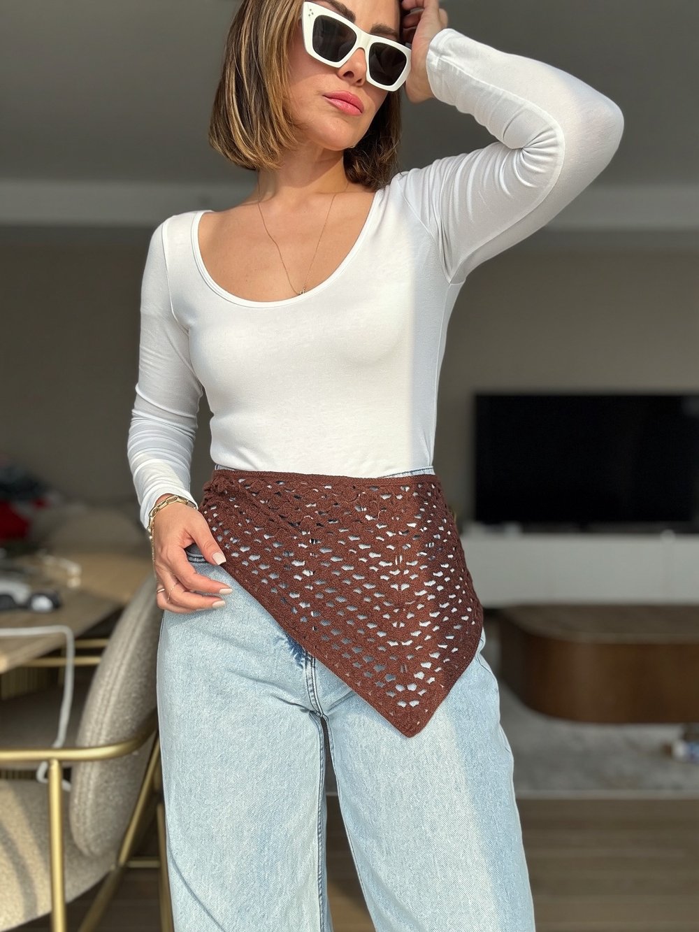 Örme İp Bağlamalı Kahve Çok Amaçlı Bandana
