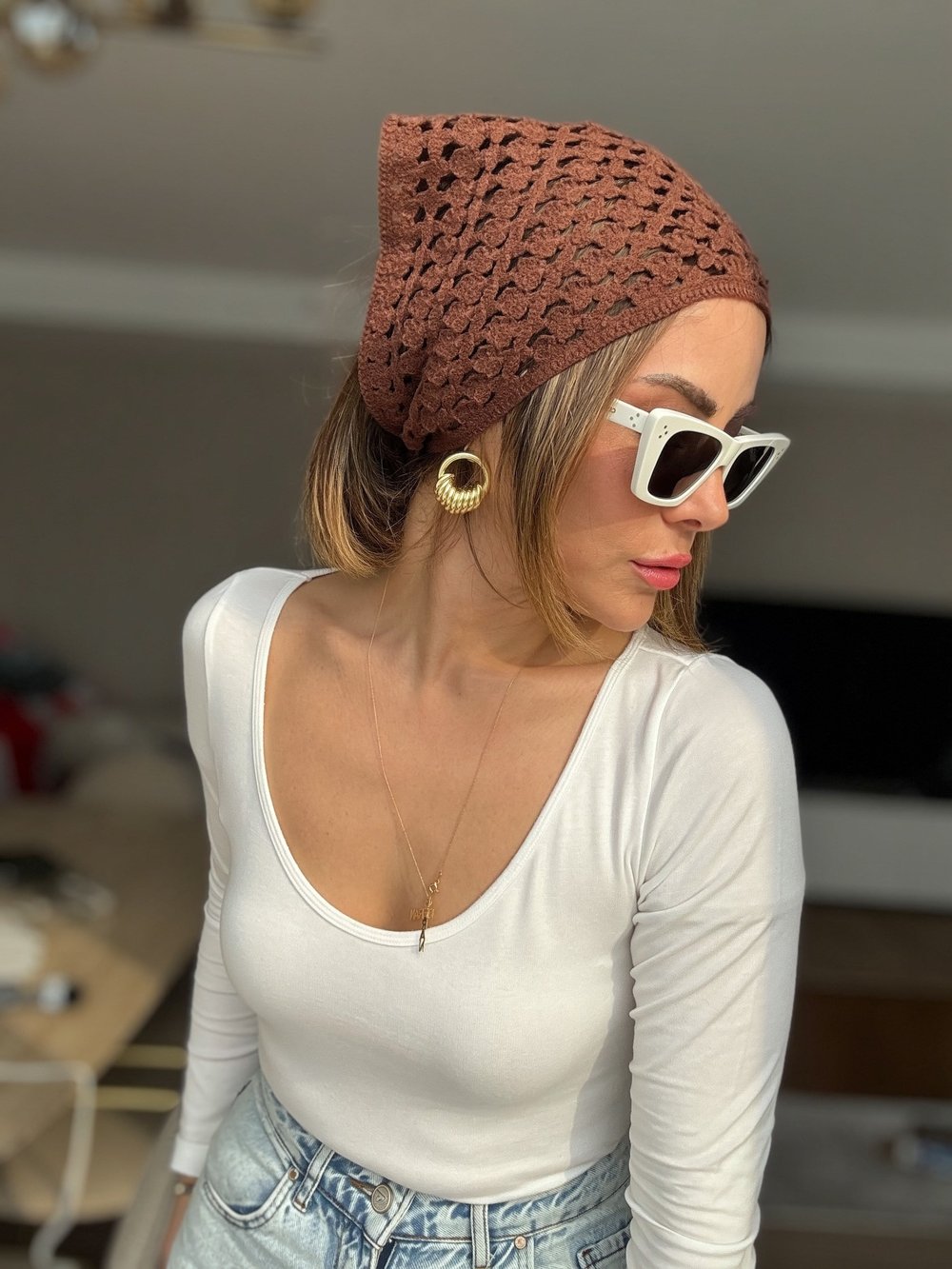 Örme İp Bağlamalı Kahve Çok Amaçlı Bandana