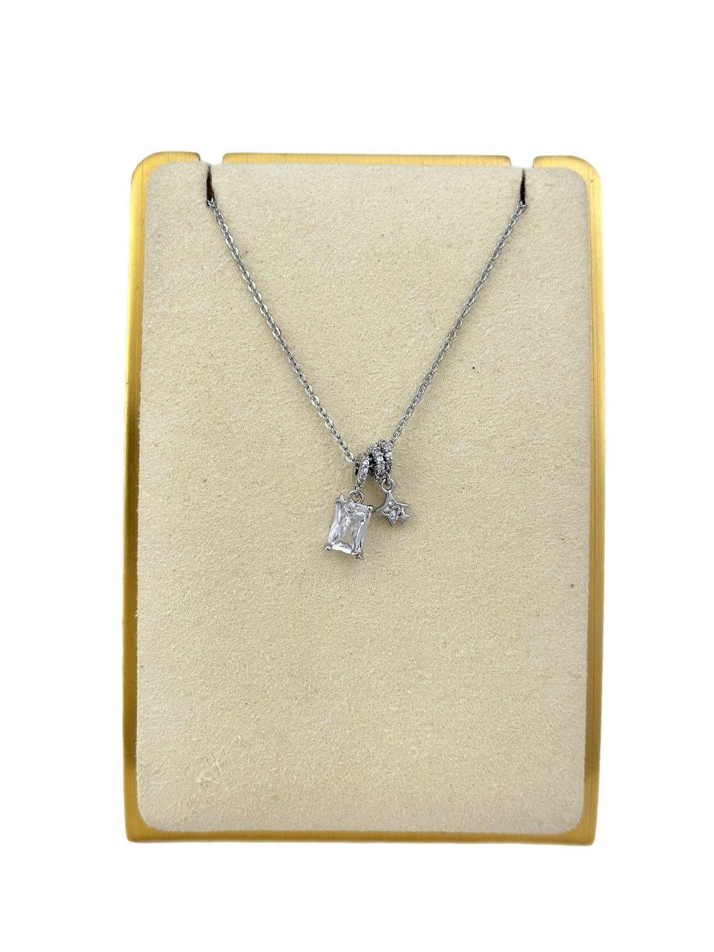 Özel Seri Dikdörtgen Zirkon Taş Detay Charm Kolye ( 52 Cm )