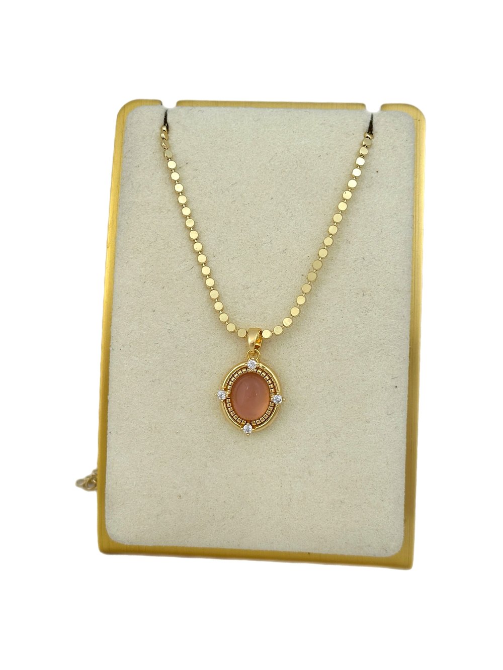 Özel Seri Ezme Zincirde Oval Çerçeve Pembe Yansımalı Taş Detay Kolye ( 52 Cm)