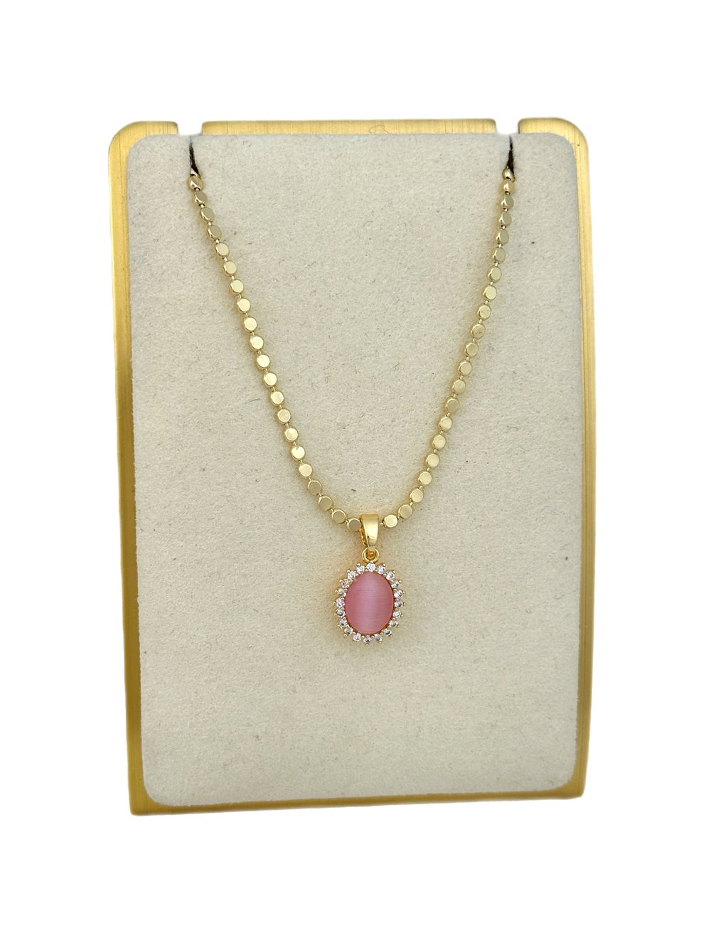 Özel Seri Ezme Zincirde Oval Zirkon Taşlı Çerçeve Pembe Taş Detay Kolye ( 52 Cm)