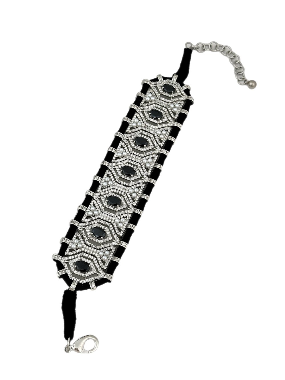 Özel Seri Siyah Örme İpli Siyah Oval ve Zirkon Taşlı Tasarım Bileklik ( 22 Cm )