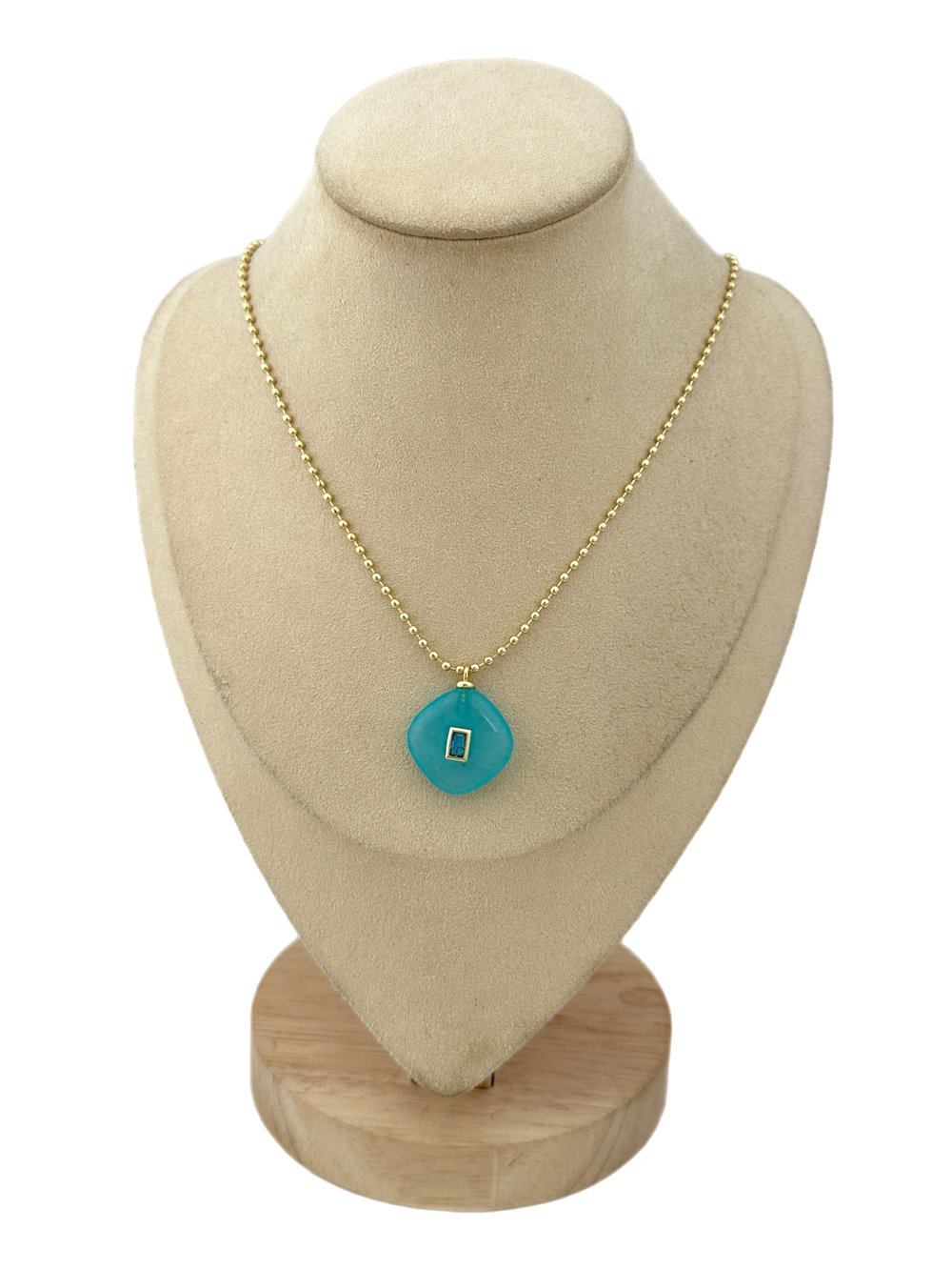 Özel Seri Turkuaz Baklava Dilim Görünüm Taş Üzeri Dikdörtgen Taş Detay Topçuk Zincir Kolye ( 58 Cm )