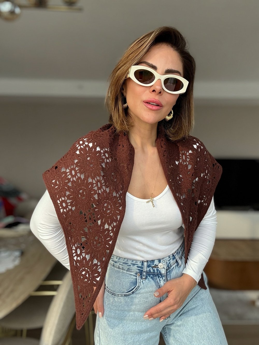 Üçgen Örme Dantelli Kahve Pareo