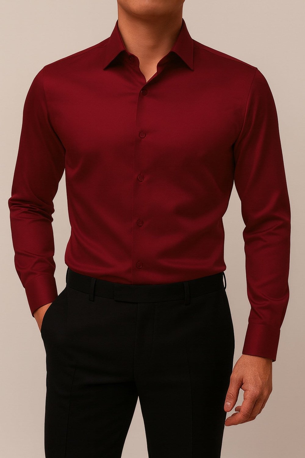 Slim Fit Dar Kesim Uzun Kollu Kolay Ütü Nefes Alan Doku Kravatlık Dört Mevsim Bordo Erkek Gömlek