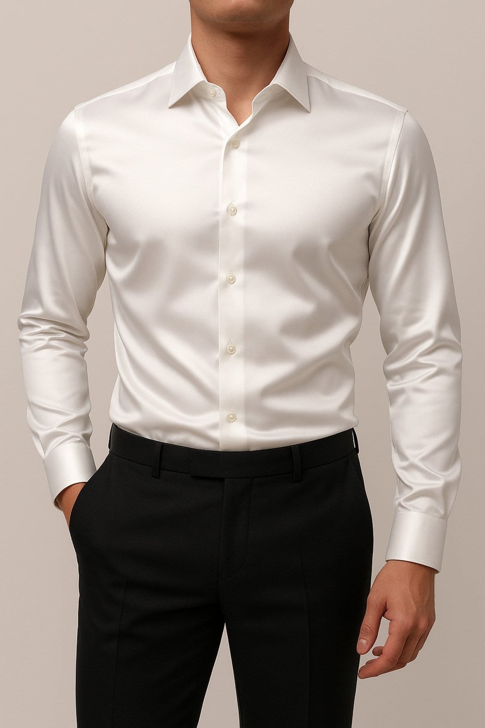 Slim Fit Dar Kesim Uzun Kollu Kolay Ütü Nefes Alan Doku Kravatlık Dört Mevsim Beyaz Erkek Gömlek