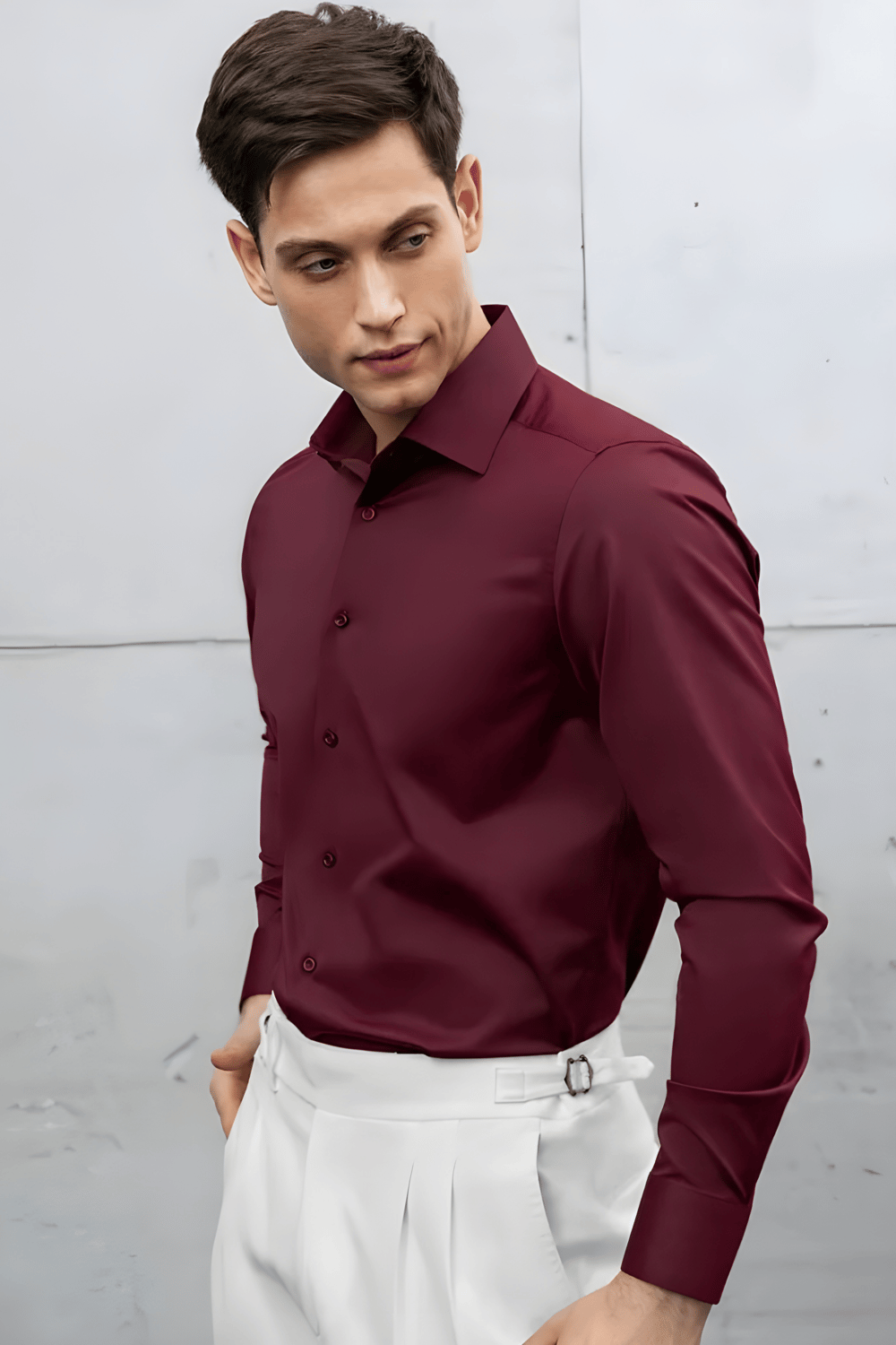 Slim Fit Uzun Kollu Kolay Ütü Teri Emen Nefes Alan Doku Kravatlık Dört Mevsim Bordo Erkek Gömlek