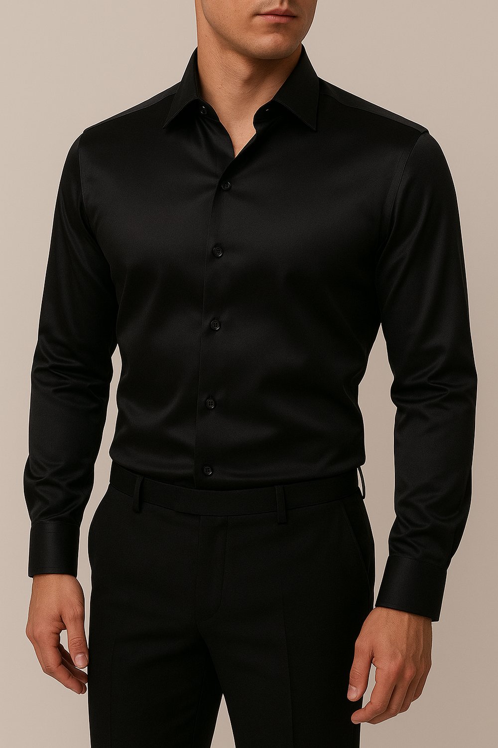 Slim Fit Uzun Kollu Kolay Ütü Teri Emen Nefes Alan Doku Kravatlık Dört Mevsim Siyah Erkek Gömlek