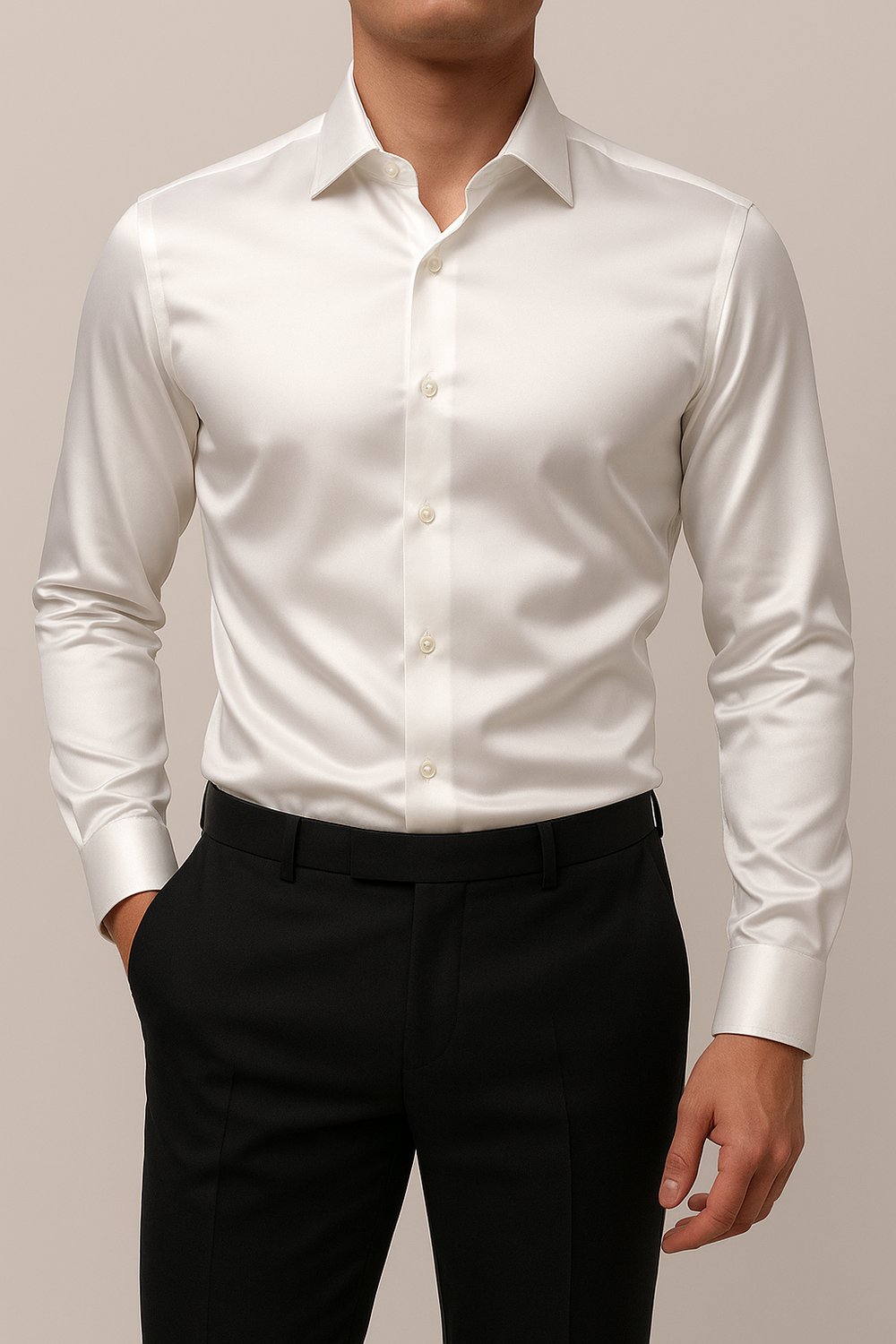Slim Fit Uzun Kollu Kolay Ütü Teri Emen Nefes Alan Doku Kravatlık Dört Mevsim Beyaz Erkek Gömlek